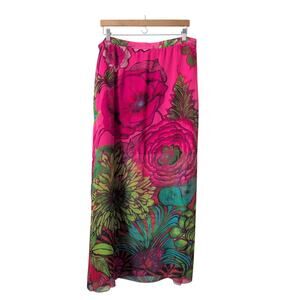 Desigual Skirt Womens 44 / US XL Pink Floral Midi Sheer Slits Beachy Vacation